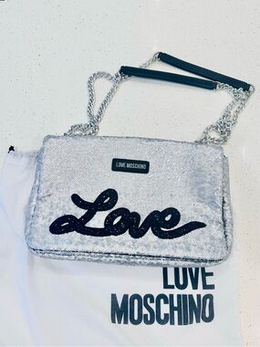 Love Moschino Silver Sequin Shoulder Bag with Black 'Love' Script